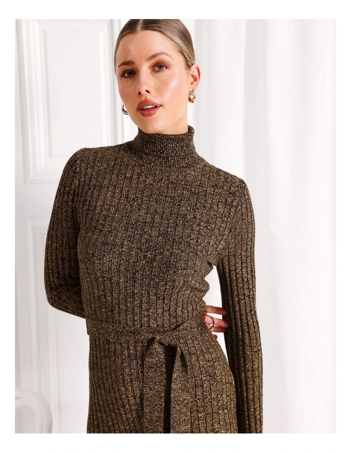 Asymmetrical Rib Knit Midi Dress in Camel