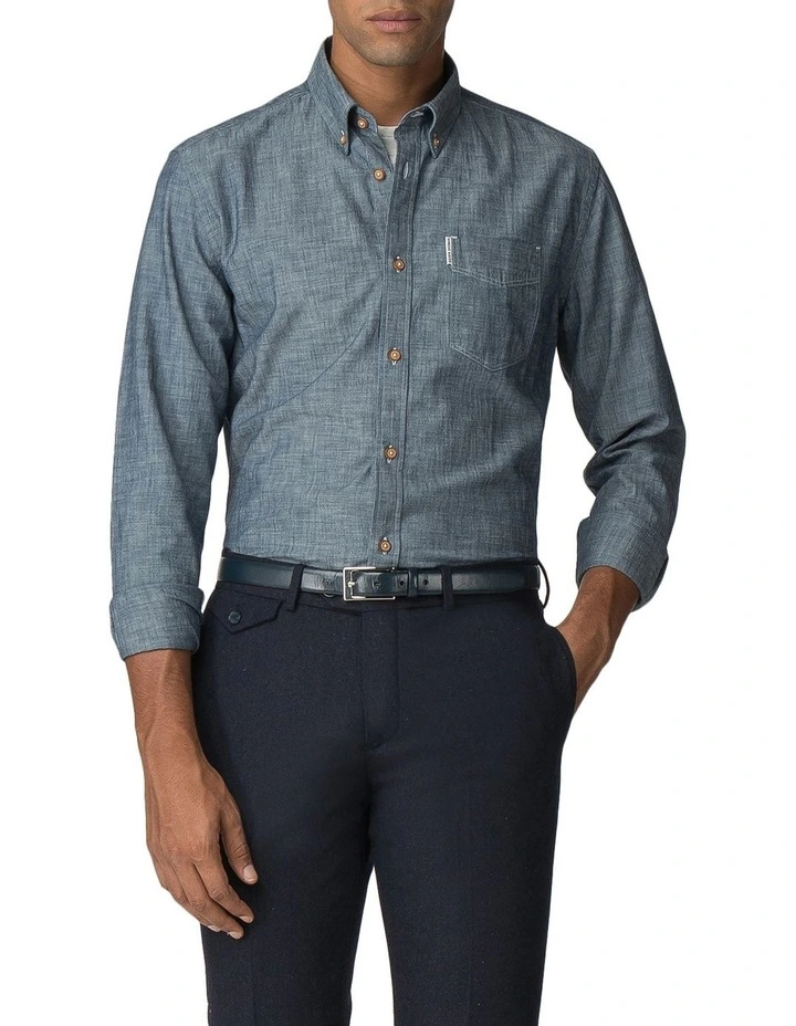 Chambray Long Sleeve Shirt in Navy