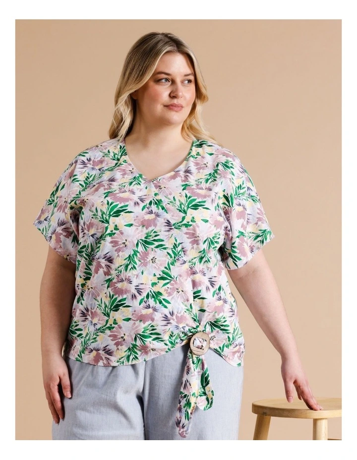 European Linen Blend Extended Sleeve Top With Buckle in White/pink Floral