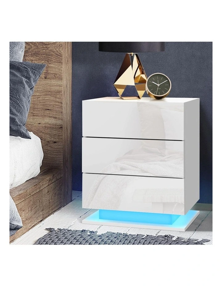 LED 3 Drawers Mori Bedside Table in White