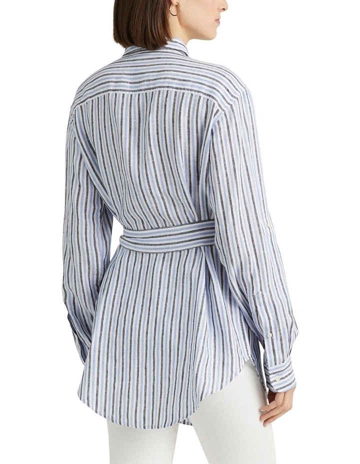 Striped Belted Linen Shirt in Blue