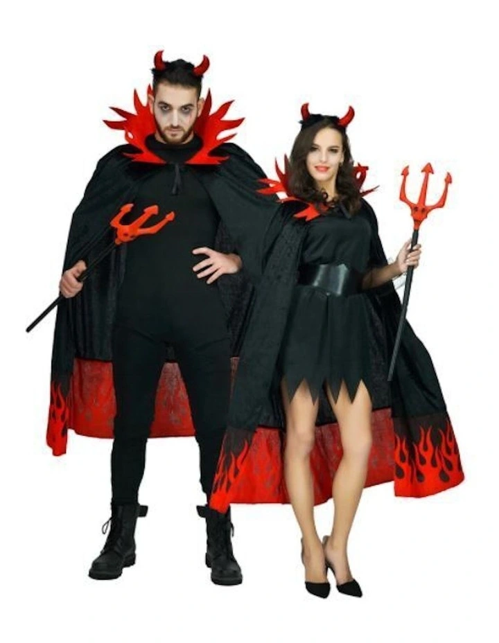 Devil Demon On Fire Halloween Costume Cape and Devil Horns in Multi