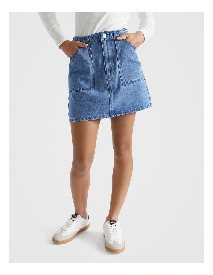 Patch Pocket Denim Skirt in Mid Blue