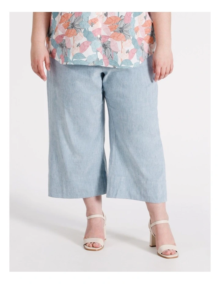 European Linen Blend Elastic Waist Wide Leg Pant in Navy Texture