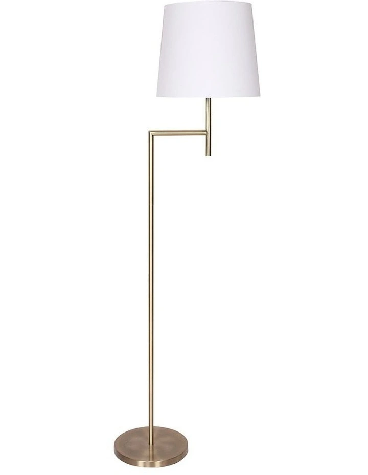 Metal Floor Lamp In Antique Brass Finish with Cream Linen Fabric Shade