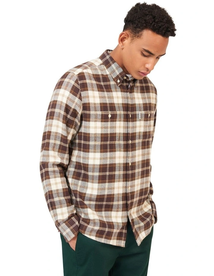 Brushed Plaid Check Long Sleeve Shirt in Brown