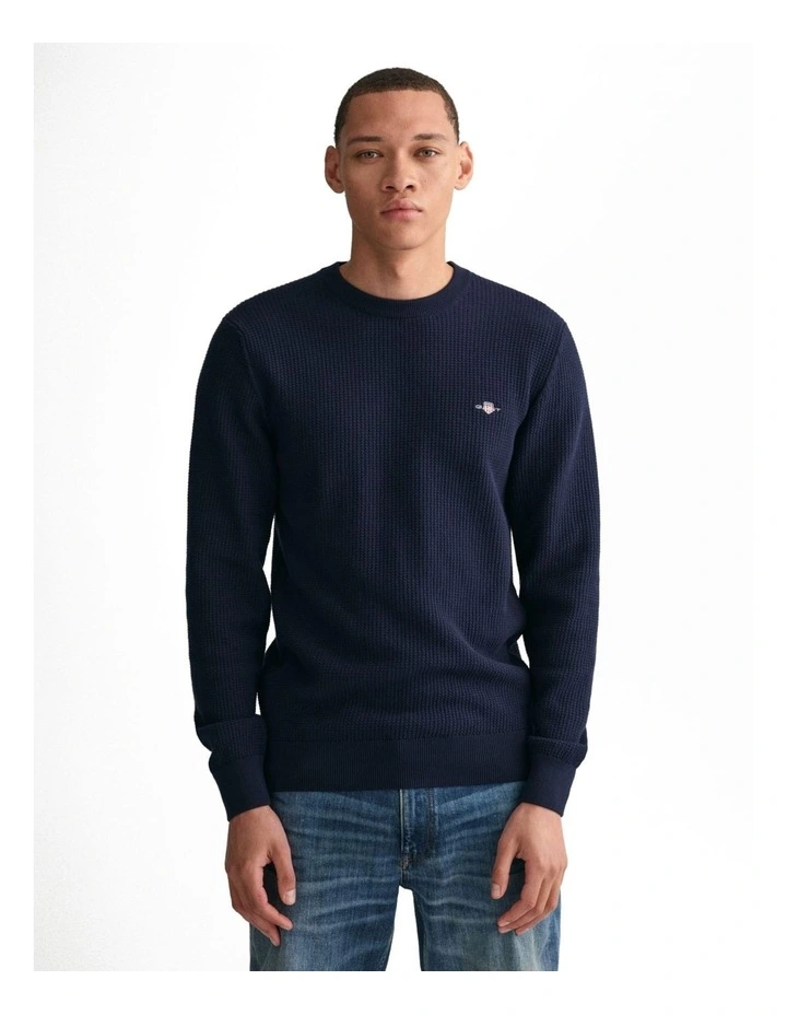 Micro Cotton Textured Crew Neck Sweater in Evening Blue