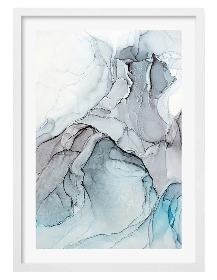 Australian Made Blue Black Abstract Ink 1 Art Print A2 in White Frame