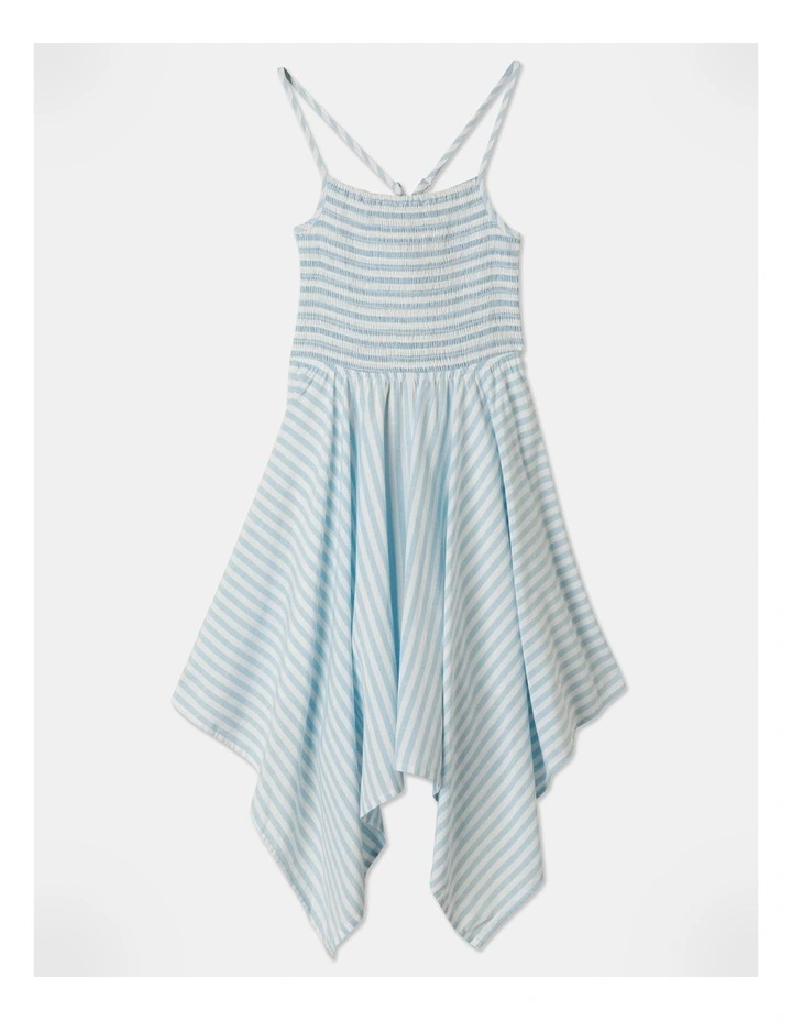 Linen Hanky Hem Dress in Light Blue Stripe