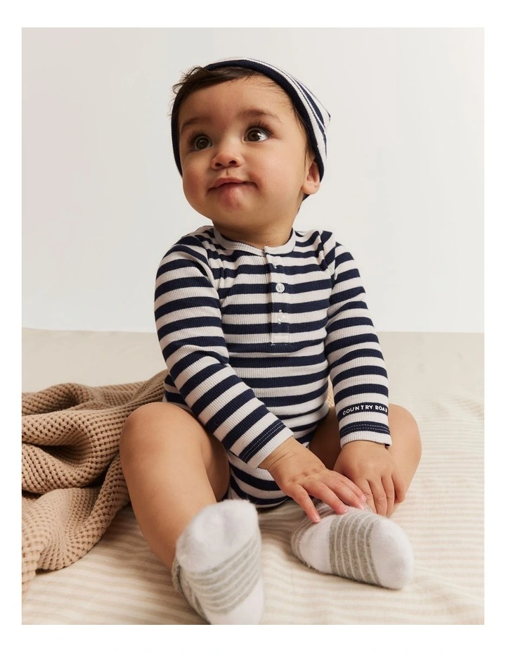 Organically Grown Cotton Long Sleeve Stripe Rib Bodysuit in Navy