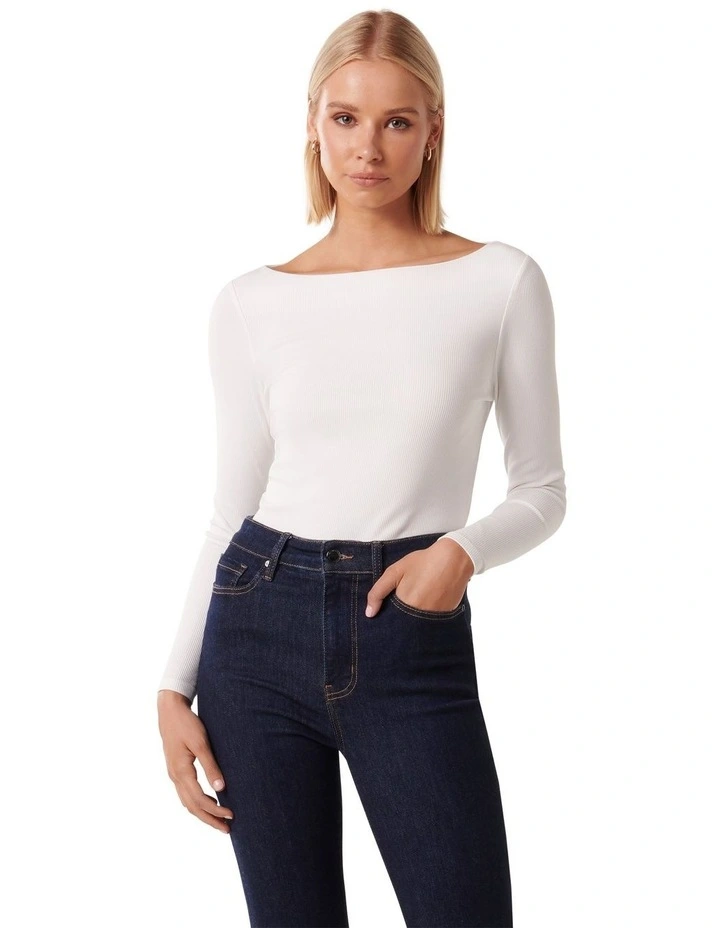 Brie Boat Neck Long Sleeve Top in White