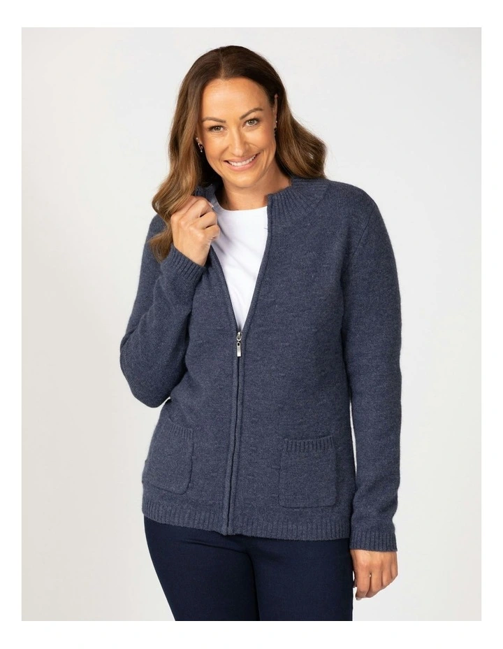 Ray Zip Up Bobble Cardigan in Denim
