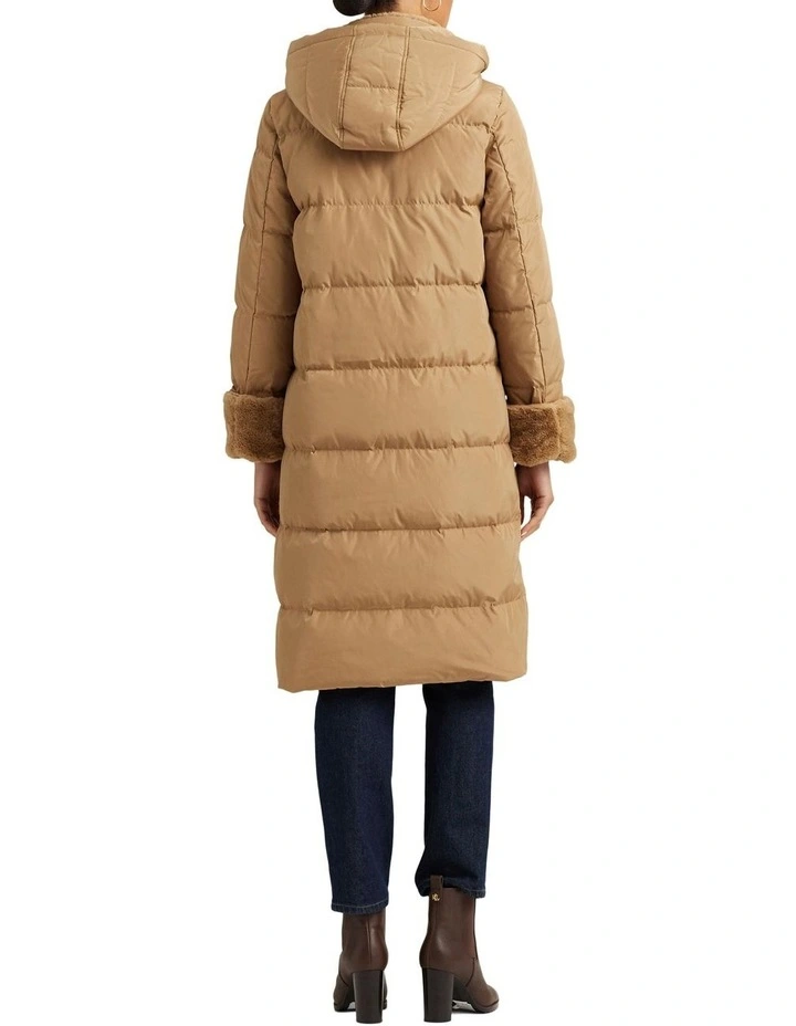 Faux-Fur-Trim Hooded Down Coat in Beige