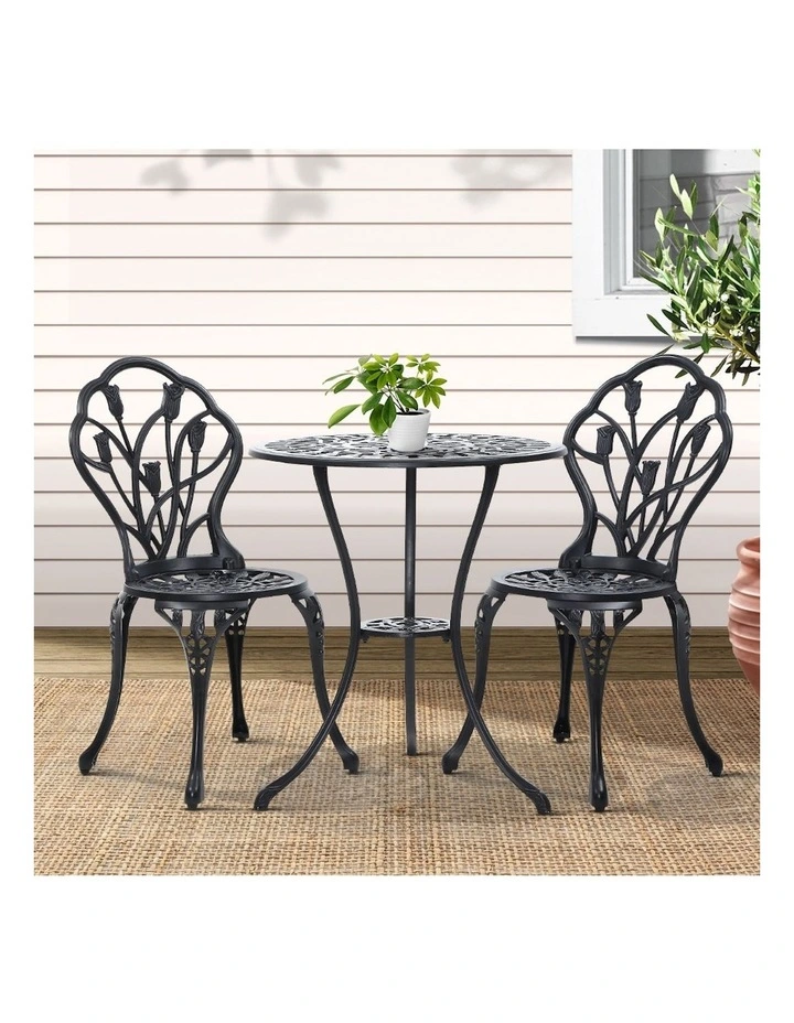 Aluminum 3 Pieces Outdoor Setting Bistro Chairs And Table Set in Black