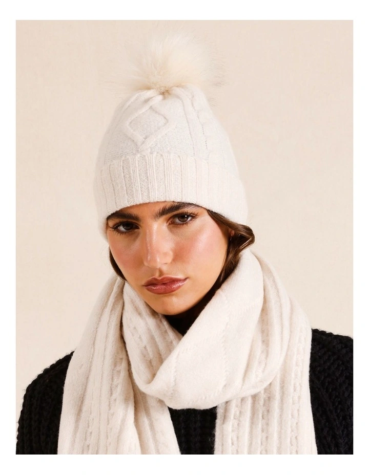 Cable Beanie With Pom in Ivory
