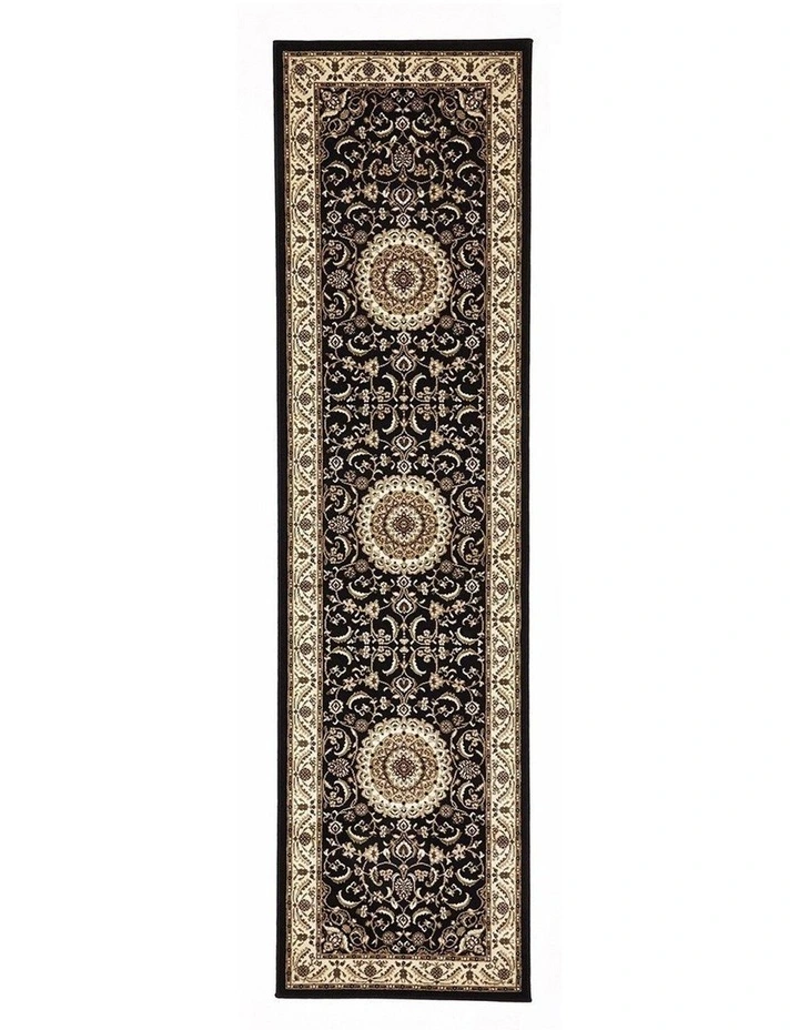 Sydney Medallion Runner Black with Ivory Border Runner Rug