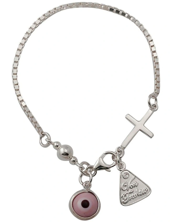 Box Chain Bracelet With Cross Greek Eye in Sterling Silver