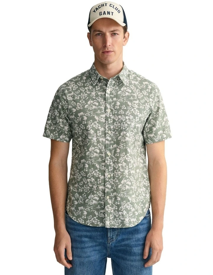 Floral Cotton Linen Short Sleeve Shirt in Kalamata Green