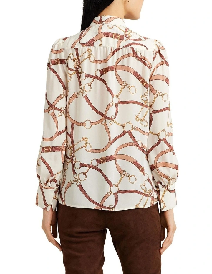Belting-Print Georgette Tie-Neck Blouse in White