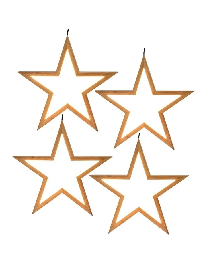 Bamboo Small Hanging Star LED Lamp 4 Pack in Natural
