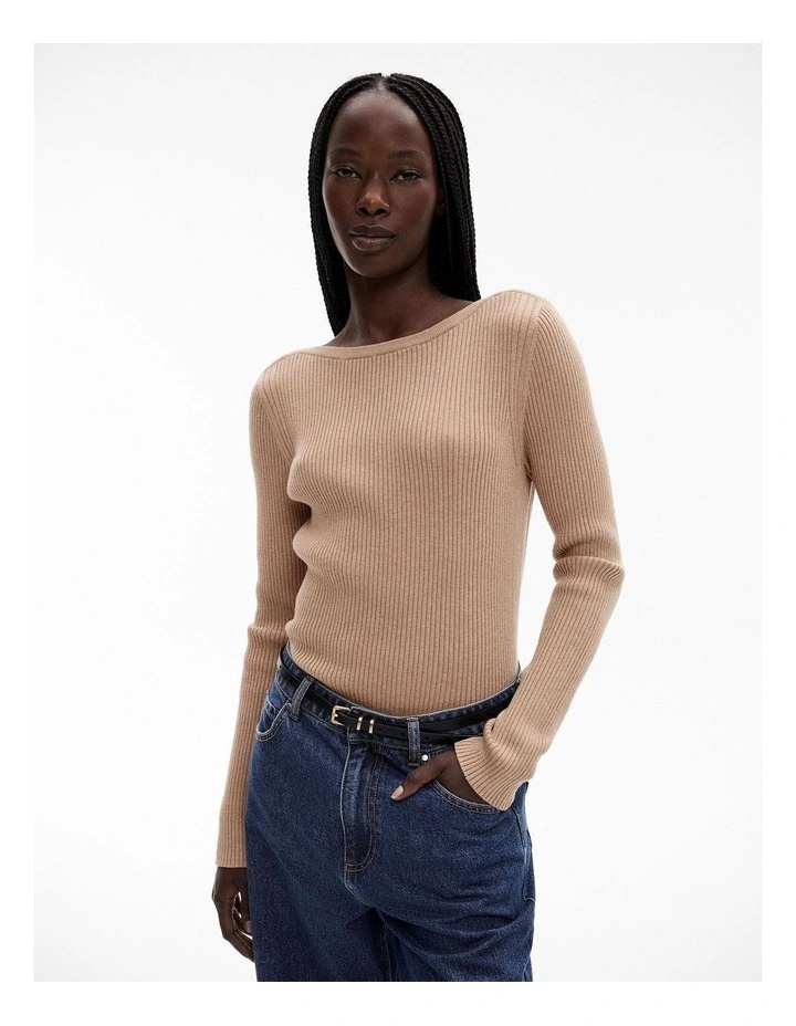 Wool Blend Boat Neck Knit in Natural Marle