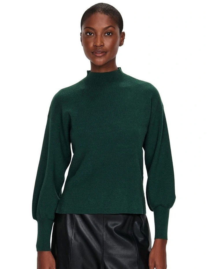 Blouson Sleeve Funnel Neck Knit Top in Forest
