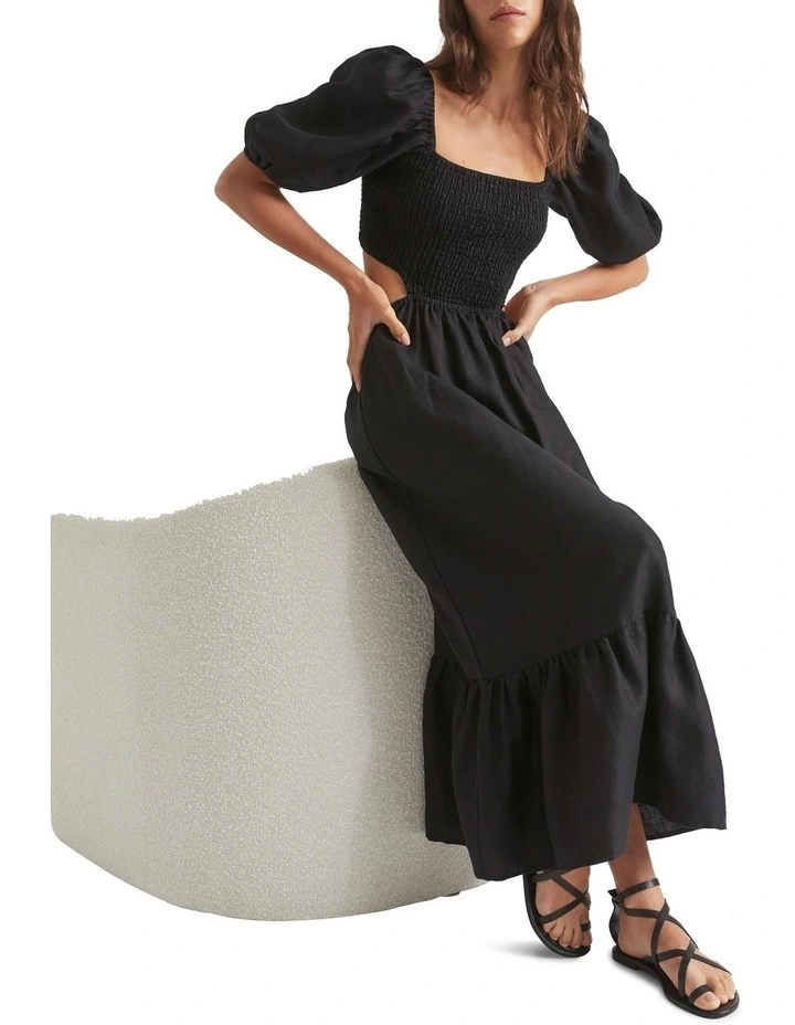 Linen Cut Out Shirred Midi Dress