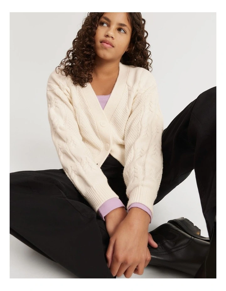 Teen Cropped Cable Cardigan in Marshmallow
