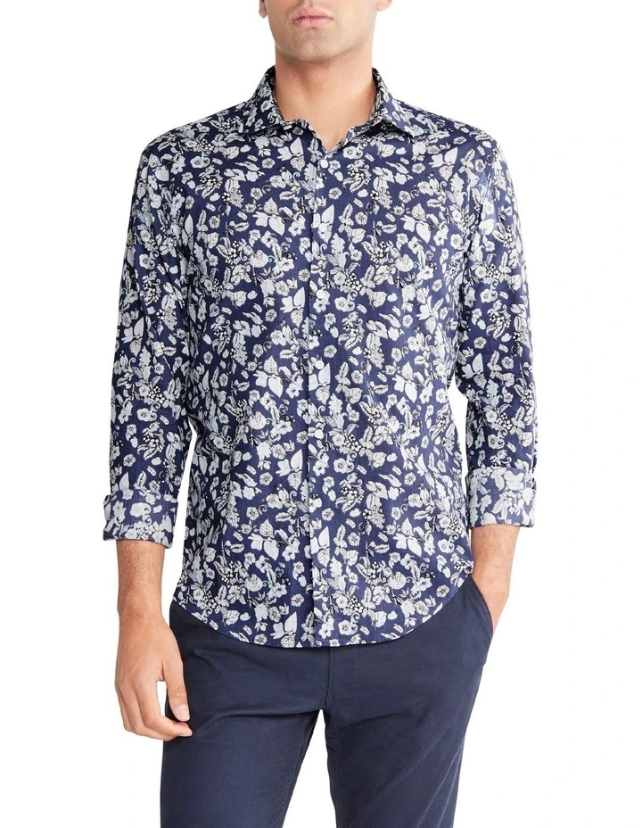 Slim Jumbo Floral Print Long Sleeve Shirt in Blue