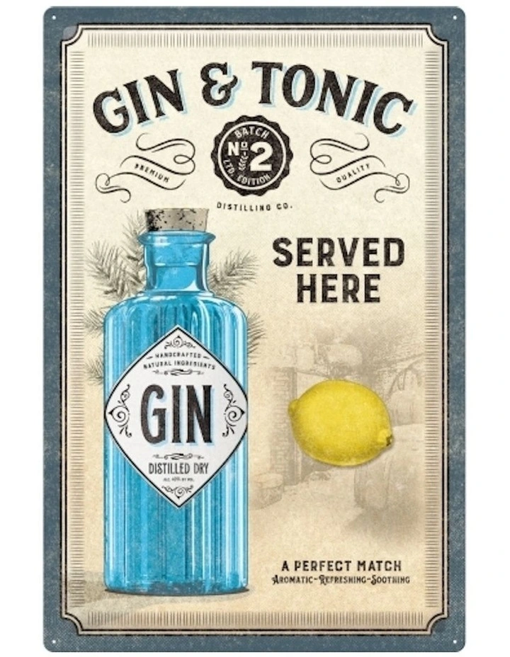 Metal Sign Gin and Tonic Served Here 40x60cm in Blue