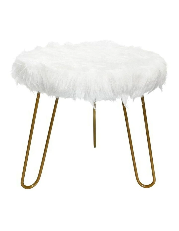 Faux Fur 3-Golden Legged Stool in White