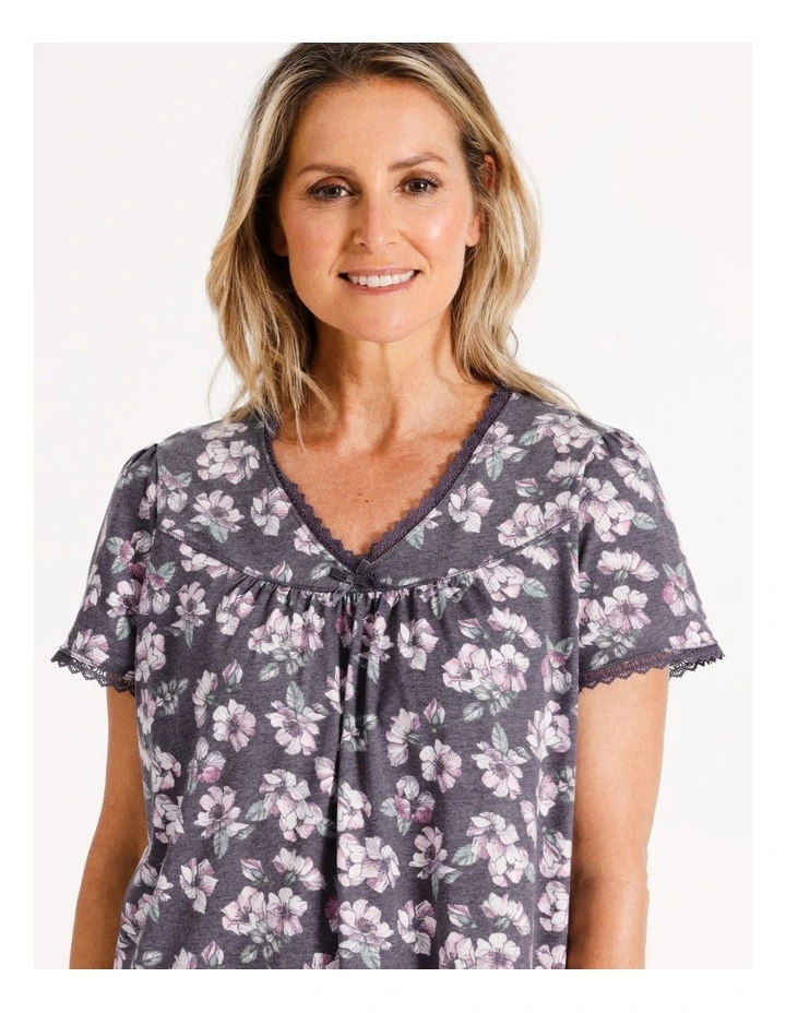 Timeless Knit Short Length Short Sleeve Nightie in Navy Floral