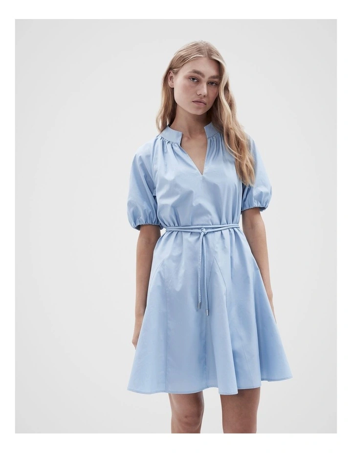 Cotton Puff Sleeve Dress in Soft Blue