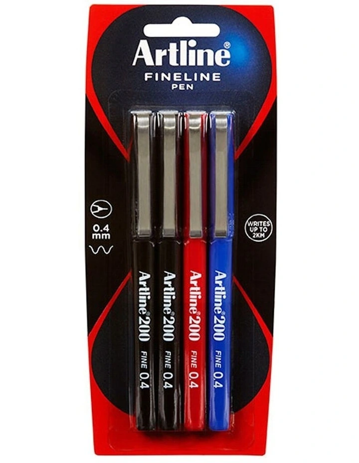 Fineline 200 Fine 0.4mm Writing Pen 4 Piece in Multi