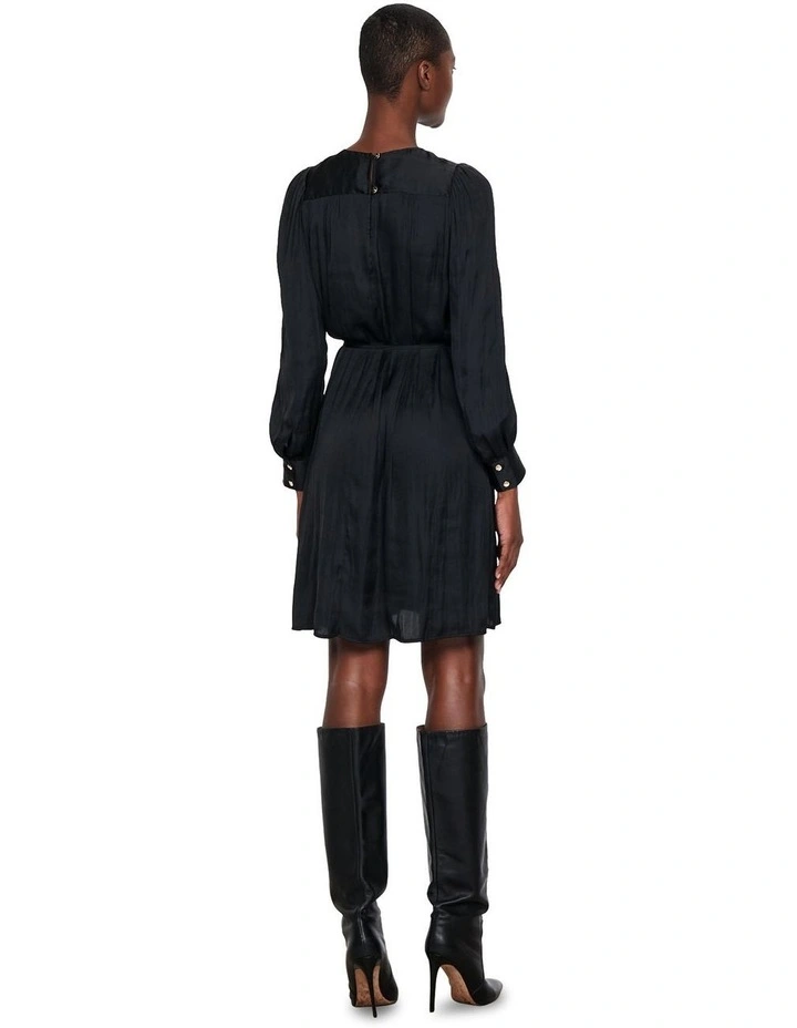 Soft Satin Short Blouson Dress in Black