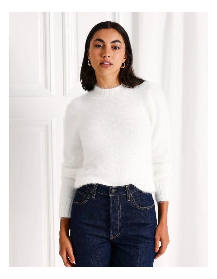 Recycled Blend Fluffy Crew Neck Knit Top in White