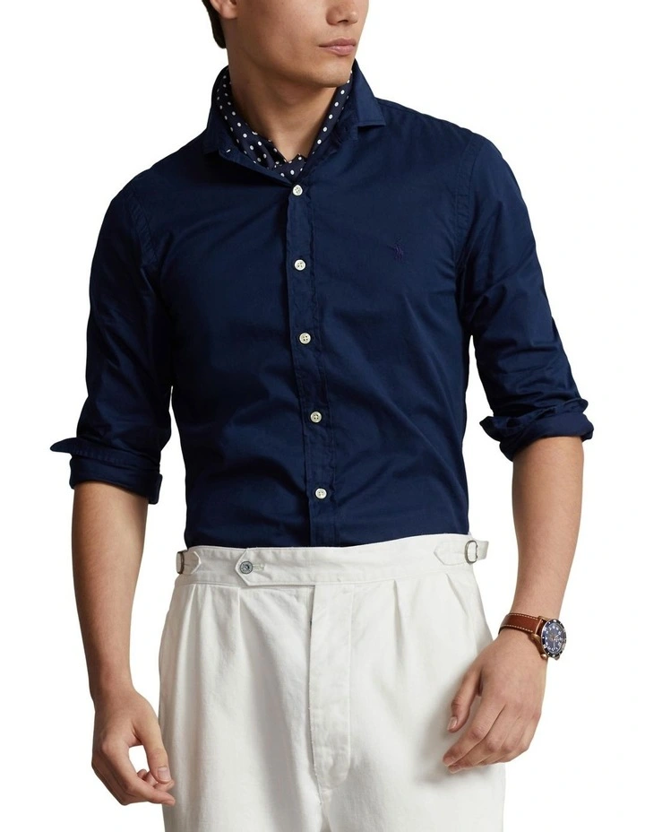 Slim Fit Garment Dyed Twill Shirt in Navy