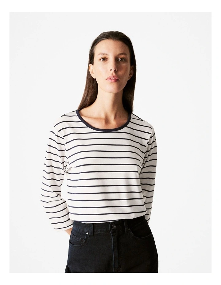 Organically Grown Cotton Jersey Stripe 3/4 Sleeve T-shirt in Night Sky