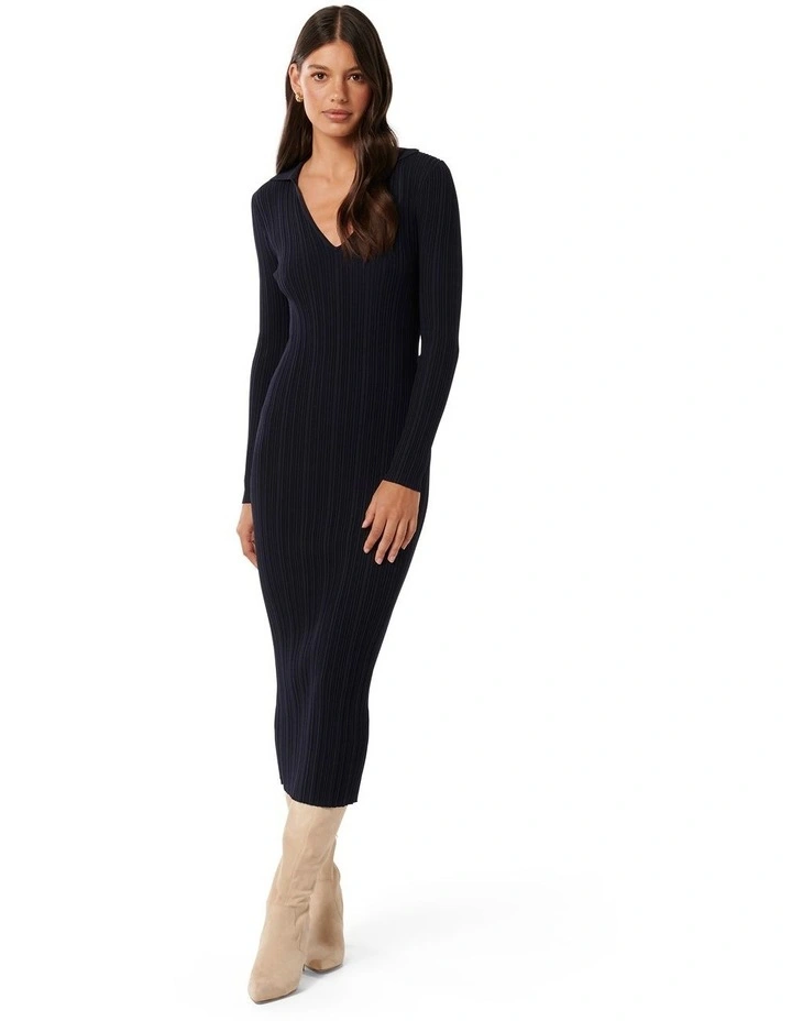 Paris Long Sleeves Multi Rib Knitted Dress in Navy