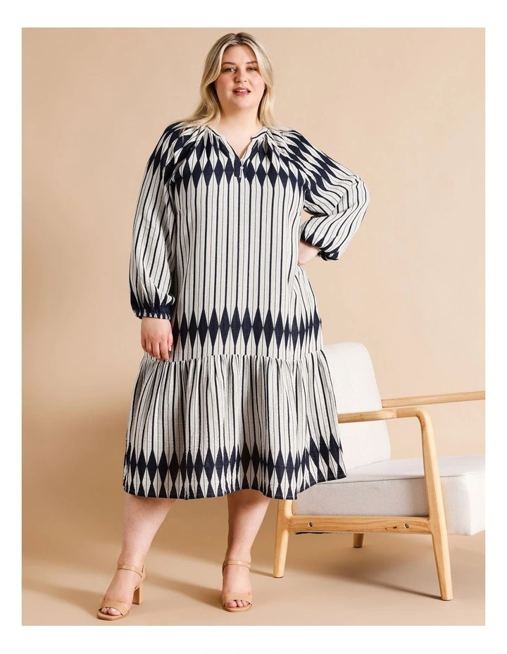 Organic Cotton Long Sleeve Dress Charcoal In Ivory Jacquard