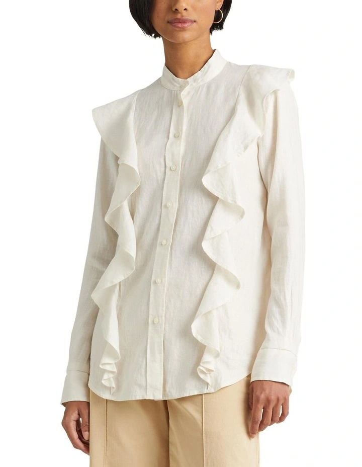 Ruffle-Trim Linen Shirt in Natural