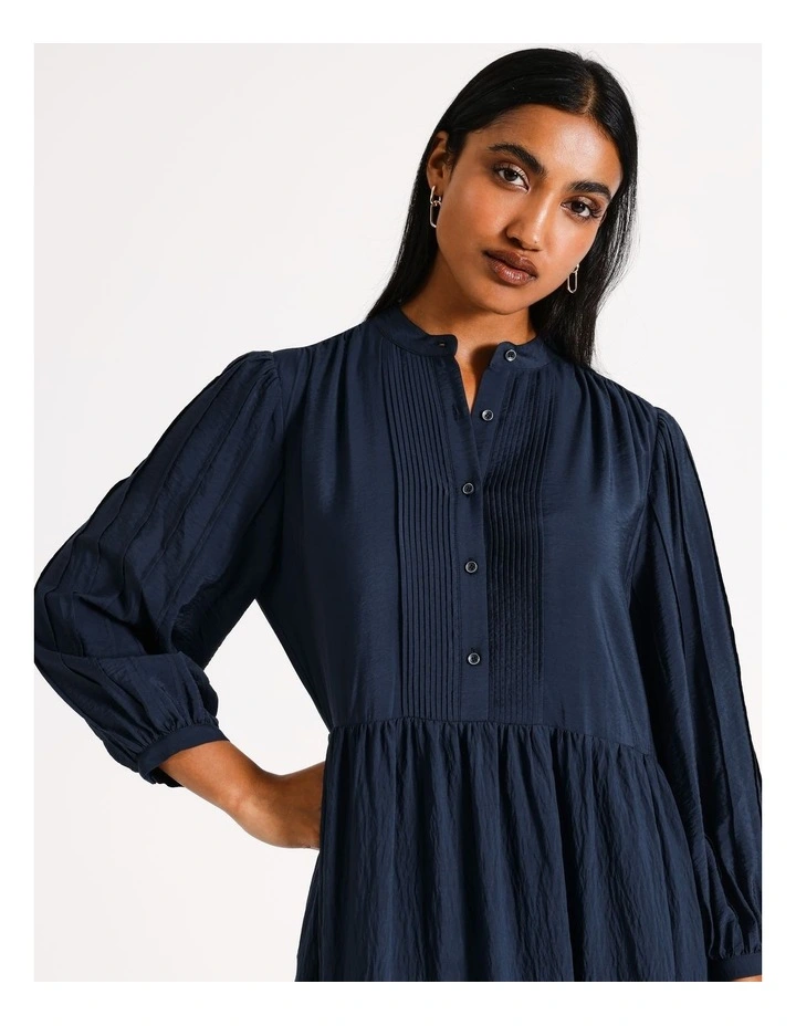 Pintuck Detail Relaxed Tiered Dress in Navy