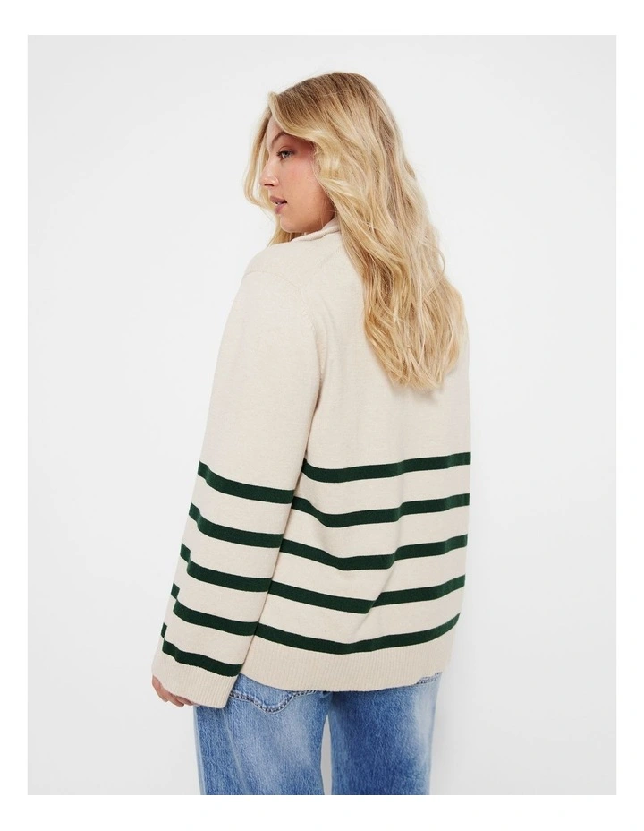 The Long Sleeve Zip Polo Shirt in Dark Green Stripe