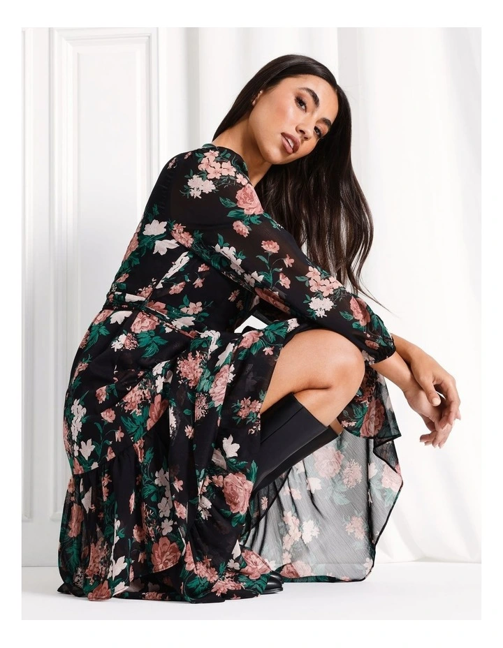 Recycled Blend Long Sleeve Wrap Ruffle Midi Dress in Black