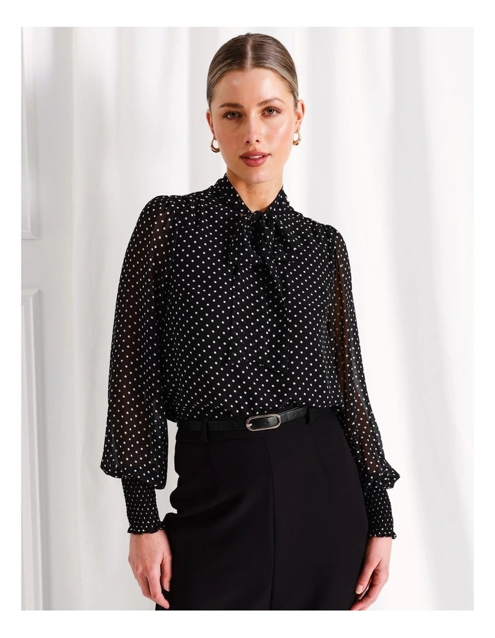 Recycled Neck Tie Shirred Cuff Blouse in Black
