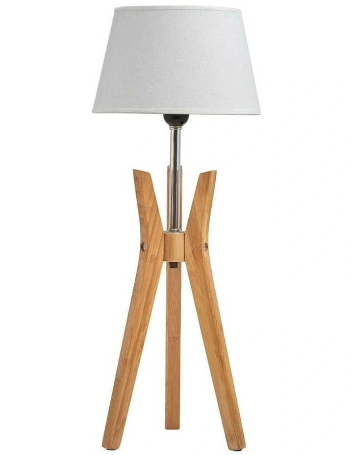 Bamboo Tripod Table Lamp Desk Modern Rustic Geo Light w Linen Shade