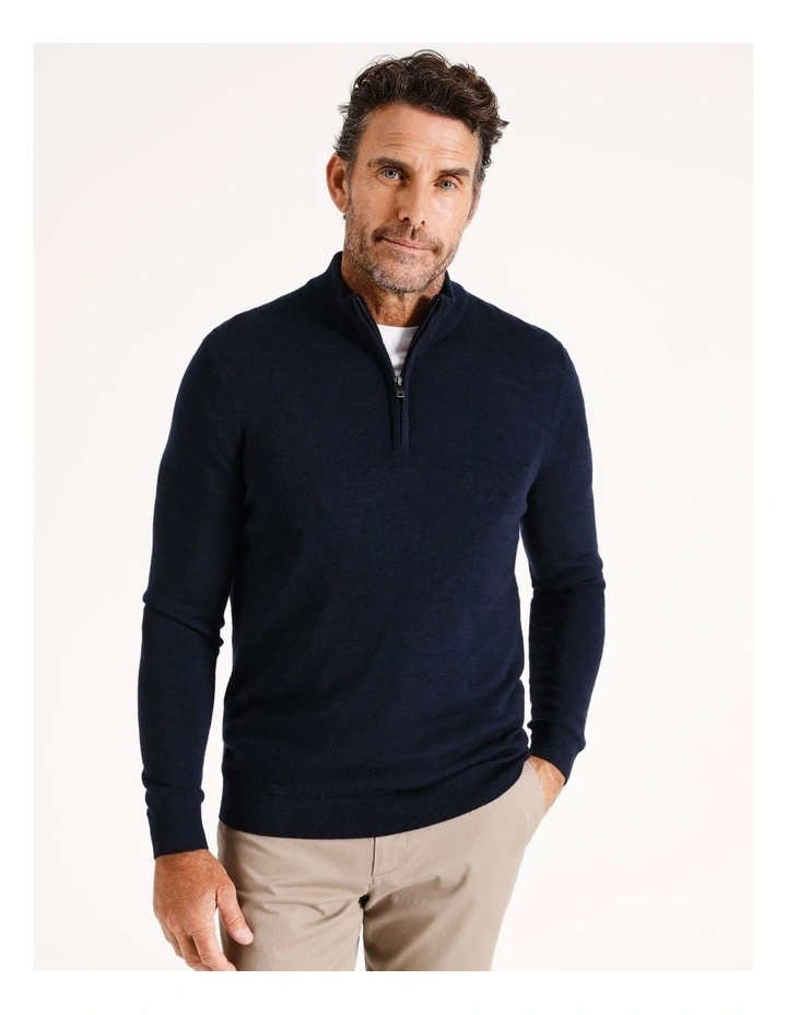 Australian Merino Quarter Zip Rib Knit in Navy