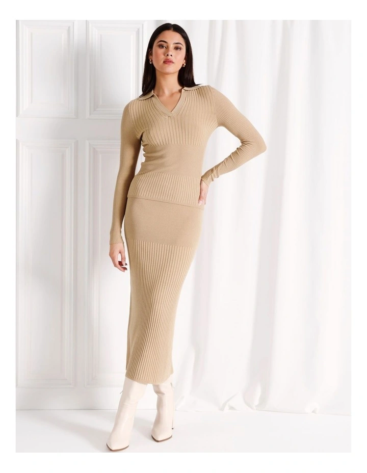 Co-Ord Variegated Rib Knit Midi Skirt in Stone