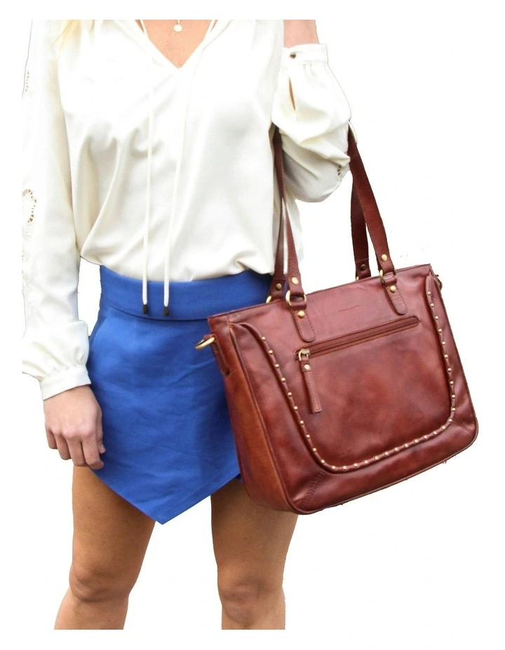 Leather Stud Detail Tote Bag in Tan