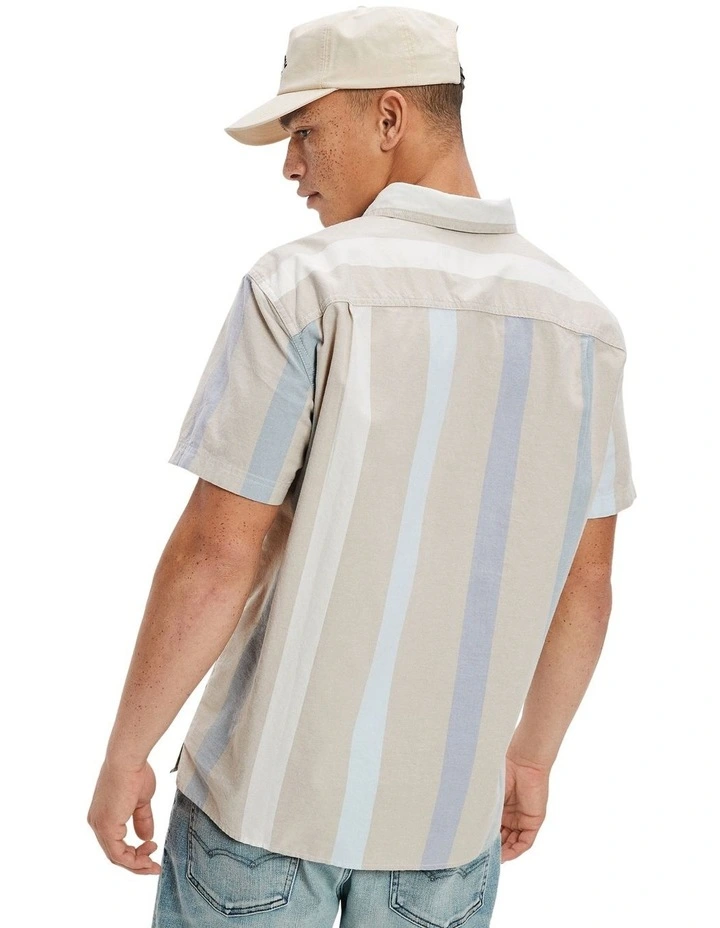 Striped Button-Up Resort Shirt in Beige
